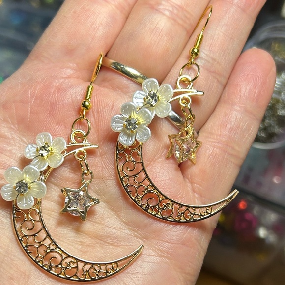 Hand Crafted Jewelry - 3/$25 Crescent Moon Earrings with Floral Accents